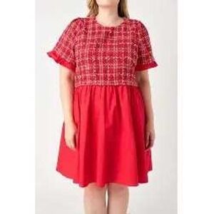 NWT ENGLISH FACTORY Chic Red Plaid Tweed Babydoll Dress Short Sleeve 2XL
